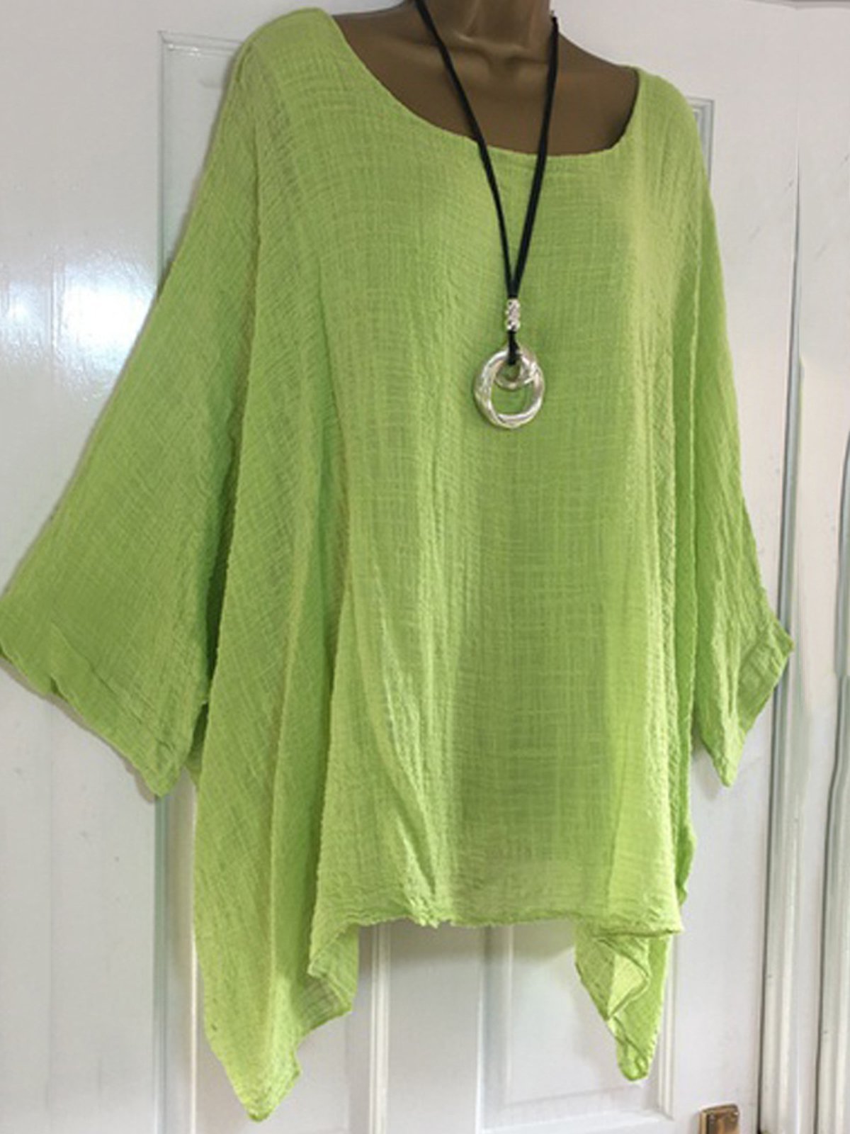 Cotton-Blend Loose Casual Solid Crew Neck Shirt & Blouses